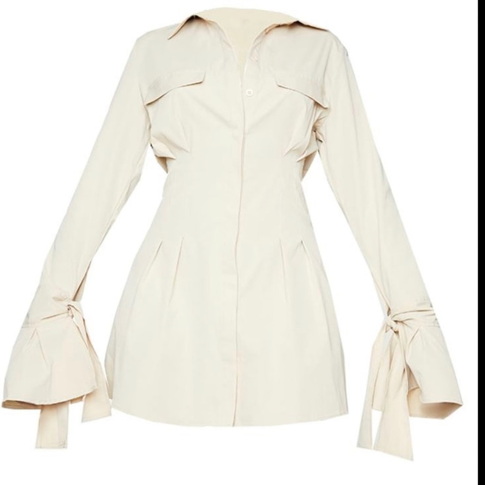Stone Tie Cuff Detail Pleated Shirt Dress